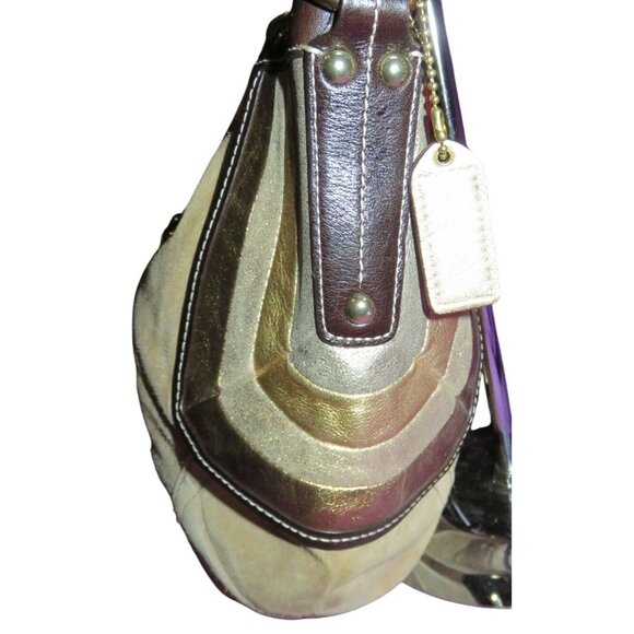 COACH 2006 Maggie Brass Studded Metallic Tan Suede & Brown Leather  Hobo Bag - Picture 4 of 12
